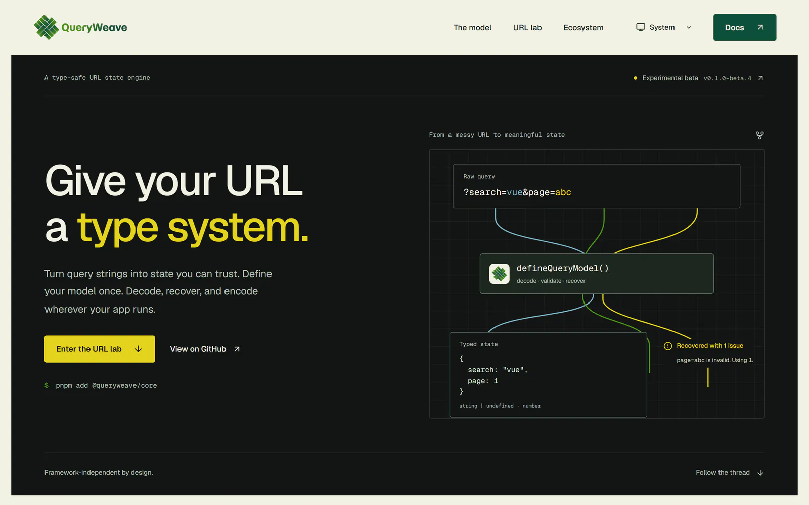 QueryWeave landing page: a query string decoded into typed state