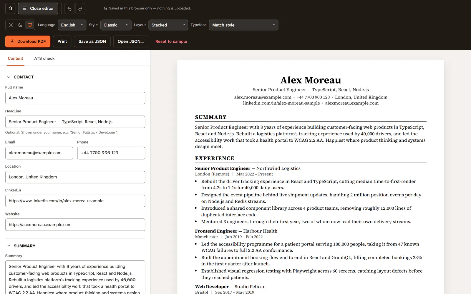 The editor: the form on the left, the typeset page on the right