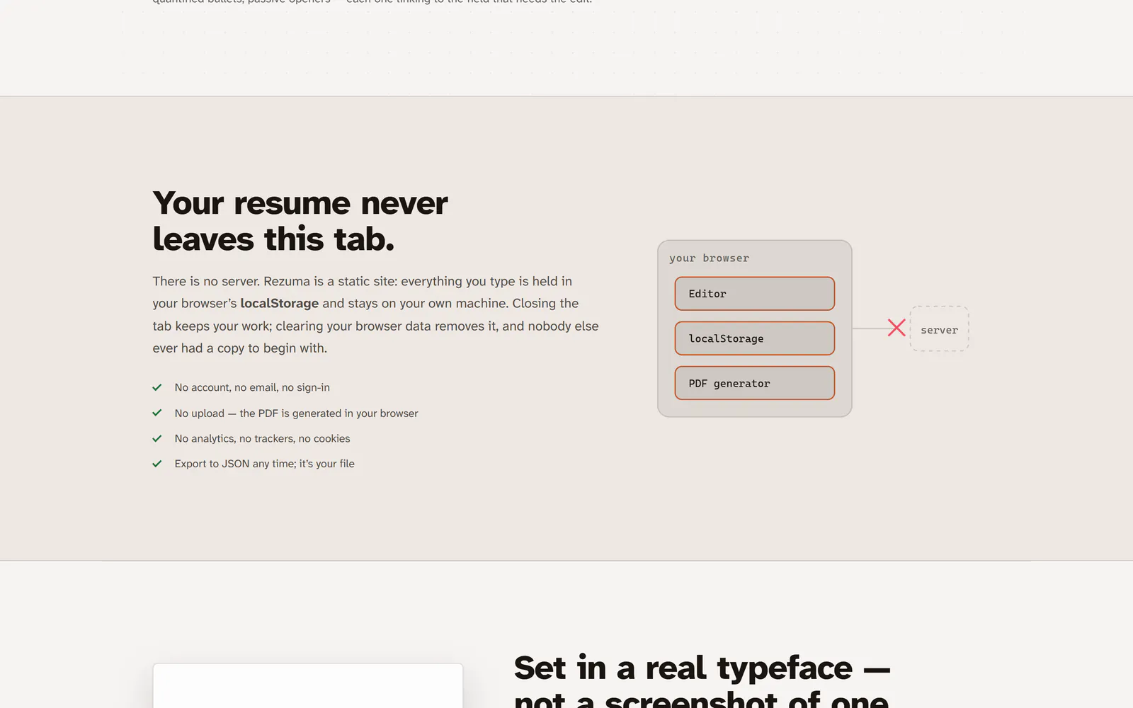 The privacy section: data stays in the browser