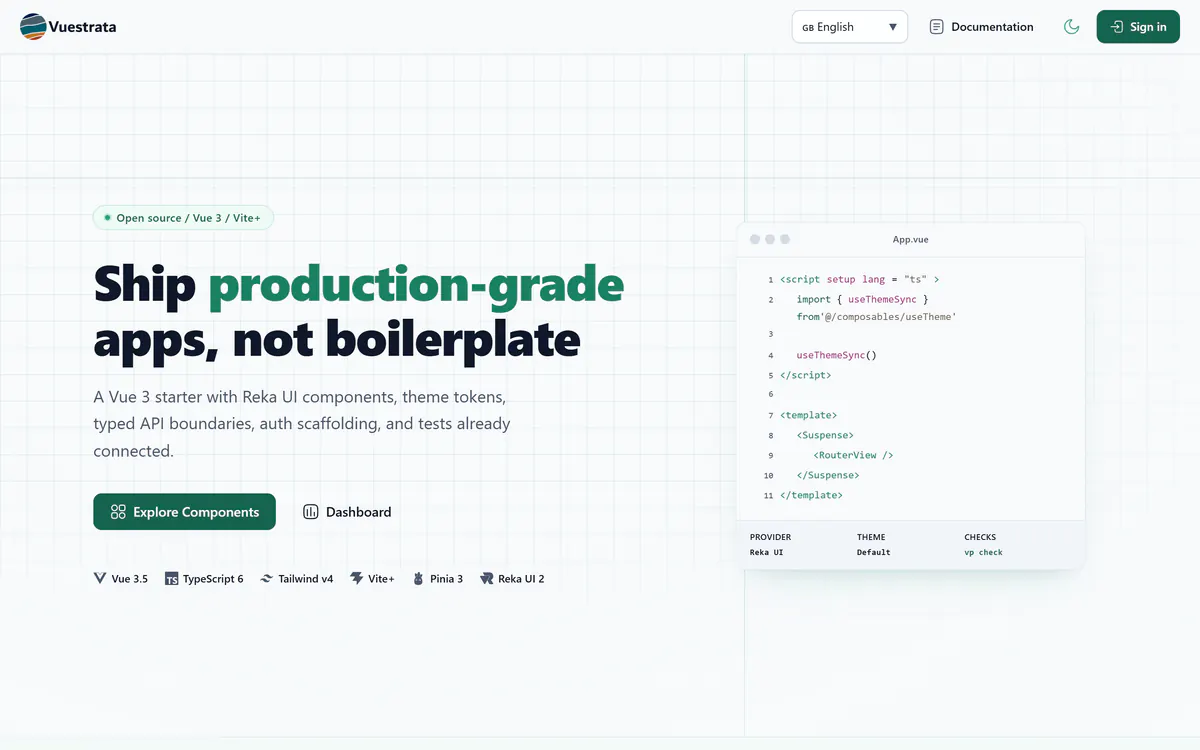 Vuestrata landing page in the Default theme