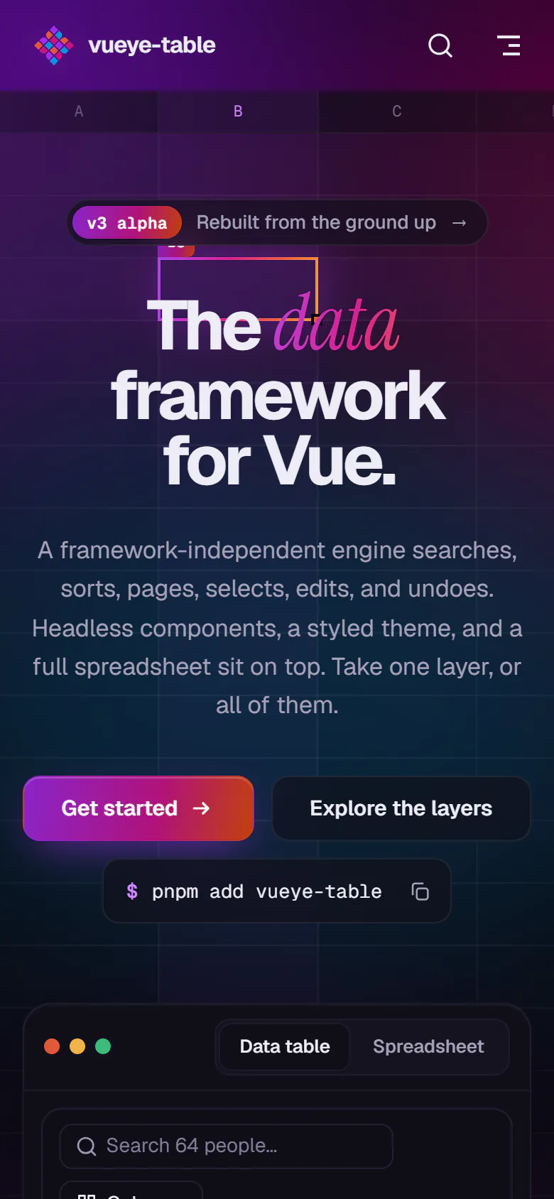 vueye-table on a phone